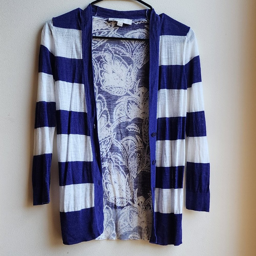 LOFT Purple/White Striped Mixed Media Cardigan Sweater Size Small - Picture 2 of 15